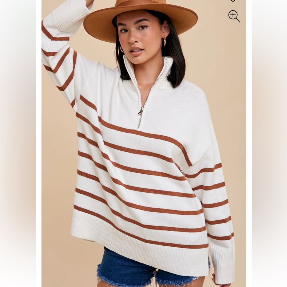 Pinkblush White and Brown Striped Half-Zip Sweater